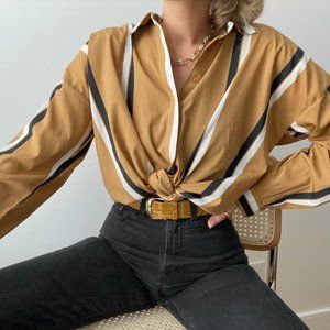 Vintage Camel Striped Boxy Blouse Button Up